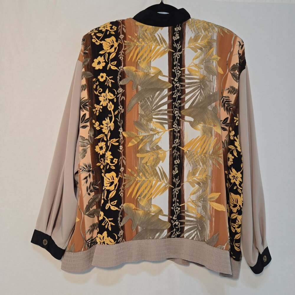 USA Made PETER POPOVITCH Vintage Retro Silky Tan  Floral Bomber Jacket Size X-L. - Picture 2 of 16